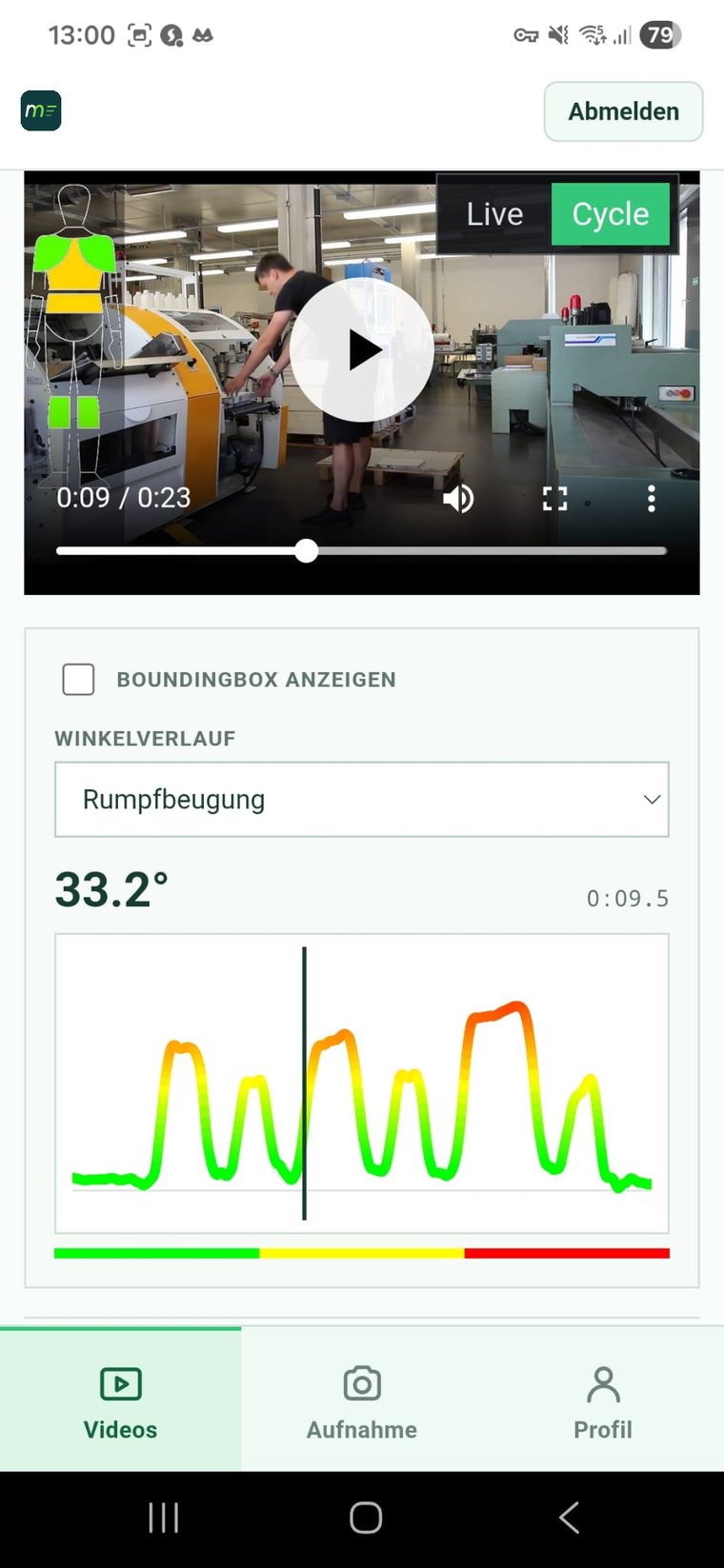 Screenshot der App metrics4motion auf einem Smartphone-Display: Video einer Tätigkeit mit eingeblendeter Körperbelastung, darunter der farbige Winkelverlauf der Rumpfbeugung